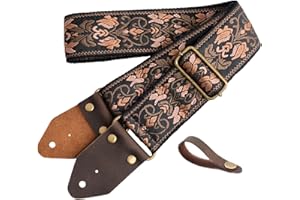 Nefelibata Guitar Strap,Jacquard Embroidery Cotton Guitar Straps with Crazy Horse Leather Ends for Bass, Electric & Acoustic, Best Gifts for Kids, Guitarists(Embroidered Gold Flower)