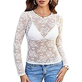 Avidlove Lace Mesh Top for Women Long Sleeve Crew Neck Sheer Blouse See Through Floral Lace Tops