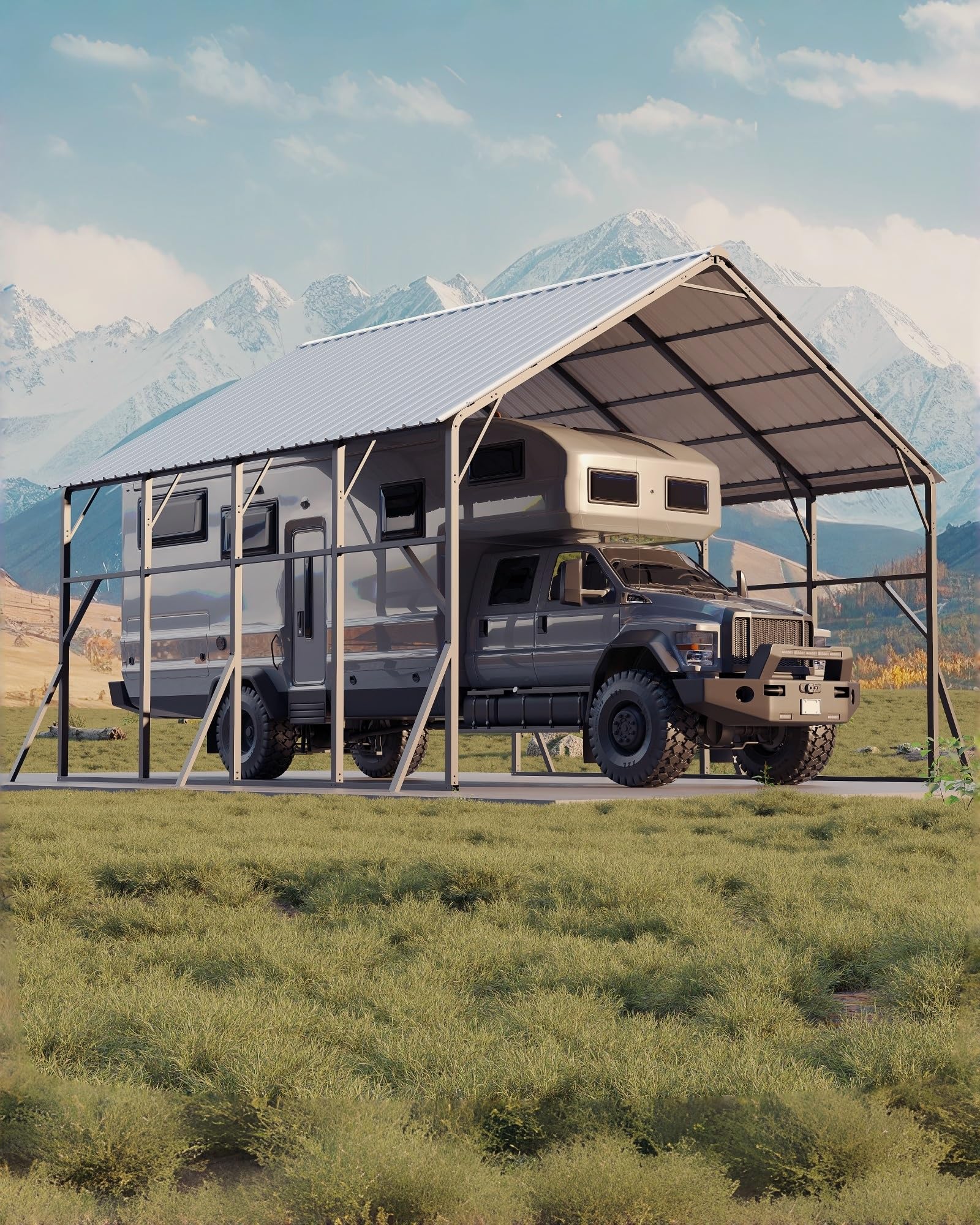 Photo 1 of Garvee 20x20 ft Metal Carport Kit, 120° Steep-Pitch Vertical Roof for Snow Shedding, 173" High-Clearance RV & Tractor Shelter, Heavy-Duty 2 Cars Car Port with Reinforced Frame