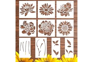 Keluna Large Flower Stencils - 10 Pcs for Painting on Walls & Wood Fence - Sunflower & Peony Designs