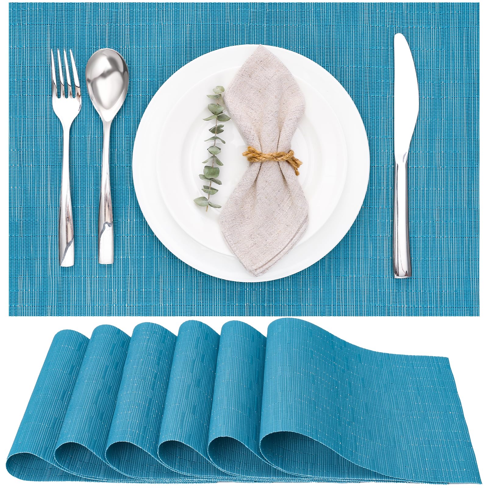 Myir JUN Table Mats Set of 6, Place Mats Table Placemats Washable Non-slip Heat Insulation Woven Vinyl for Kitchen Dinning Restaurant 17"X12" (Blue)