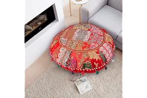 ShakDeco Cotton Khambadiya Cushion Pouf Cases Ottoman Sham Patchwork Large Round Floor Pillow Cover Meditation Cushions Cover 32" Inch (Red)