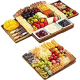 Maxboro Charcuterie Board with Knife Set, Double-Drawer Cheese Platter, Extra-Large Square Cheese Tray, House Warming Gifts New Home, Carbonized Bamboo