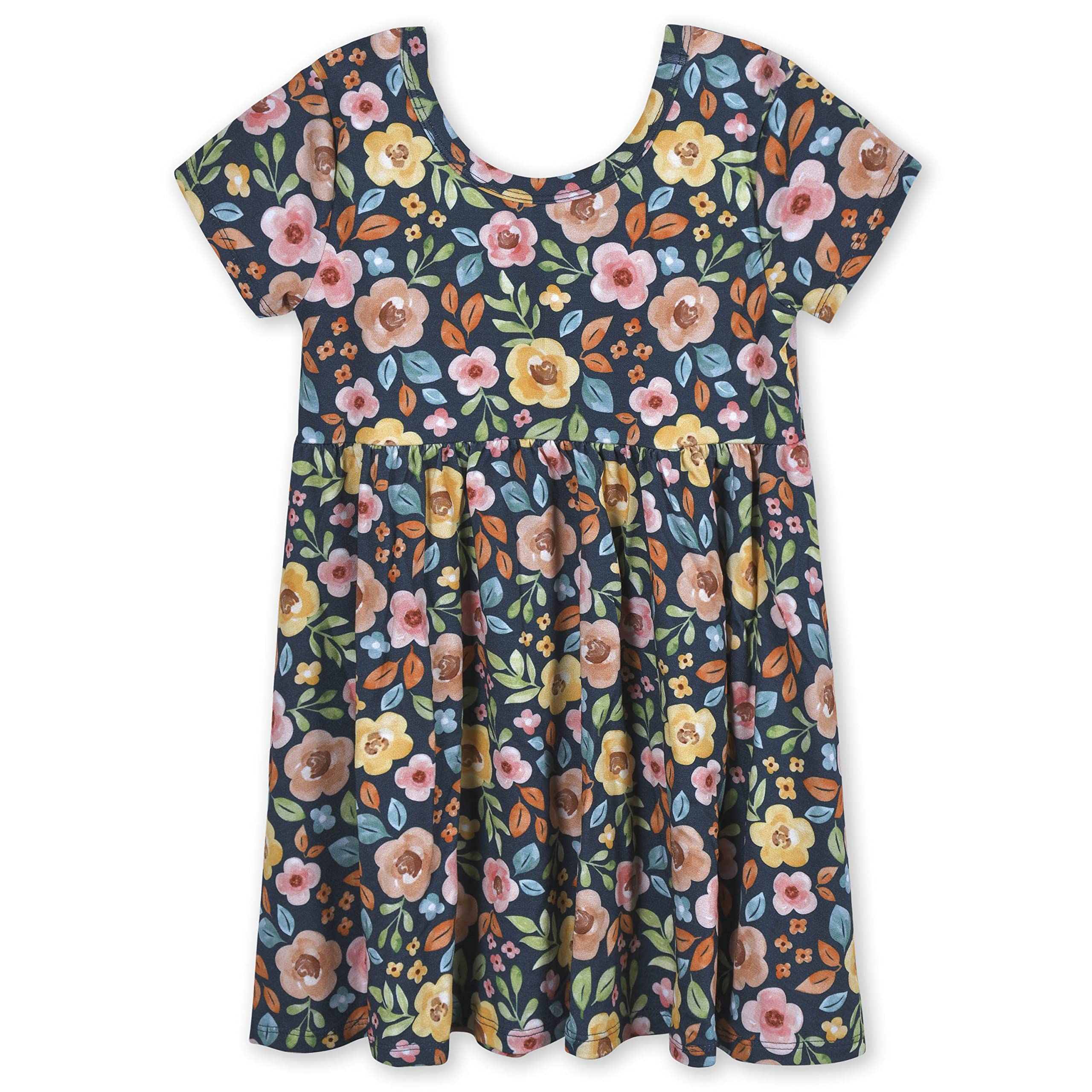 Gerber Baby Girls Toddler Buttery Soft Short Sleeve Twirl Dress with Viscose Made from Eucalyptus, Midnight Floral, 3T