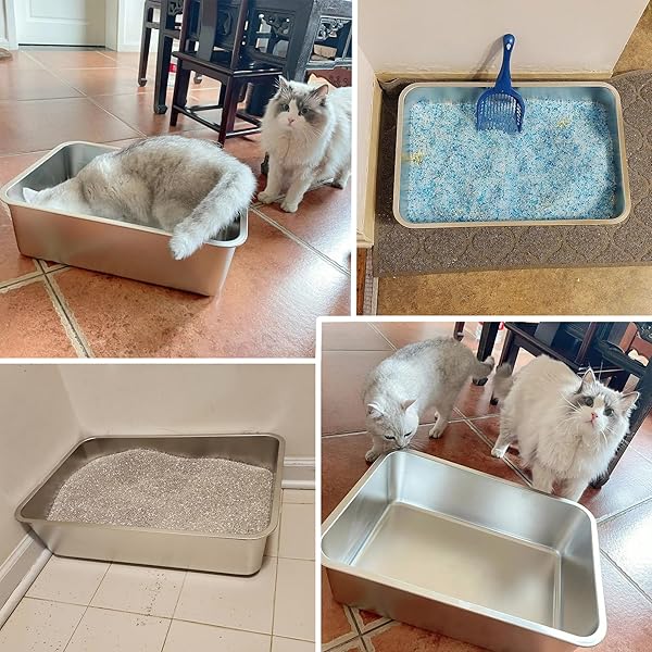 FUTAM STAINLESS STEEL LITTER BOX, 23.6“X15.7″X6″ DEEP STAINLESS STEEL CAT LITTER BOX EXTRA LARGE, XL METAL LITTERBOX FOR BIG CATS WITH HIGH SIDES, NON STICK SURFACE, EASY TO CLEAN