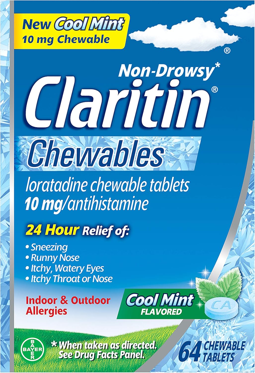Claritin 24 Hour Chewable Allergy Relief, Non-Drowsy Allergy Medicine, Loratadine Antihistamine, Cool Mint Flavored Tablets, 64 Count: Health & Personal Care