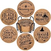 AnyDesign 6Pcs Halloween Cork Coasters with Holder Hocus Pocus Round Farmhouse Coasters Heat-Resistant Cup Mats for Wooden Table Protection Halloween Party Home Kitchen Table Supplies
