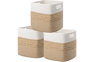 UBBCARE Set of 3 Storage Cubes 11 X 10.5 X 10.5 in, Water Hyacinth Storage Bins for Shelves, Toys, Book, Storage Baskets with Handles, Cotton Rope Woven Baskets for Organizing, Brown