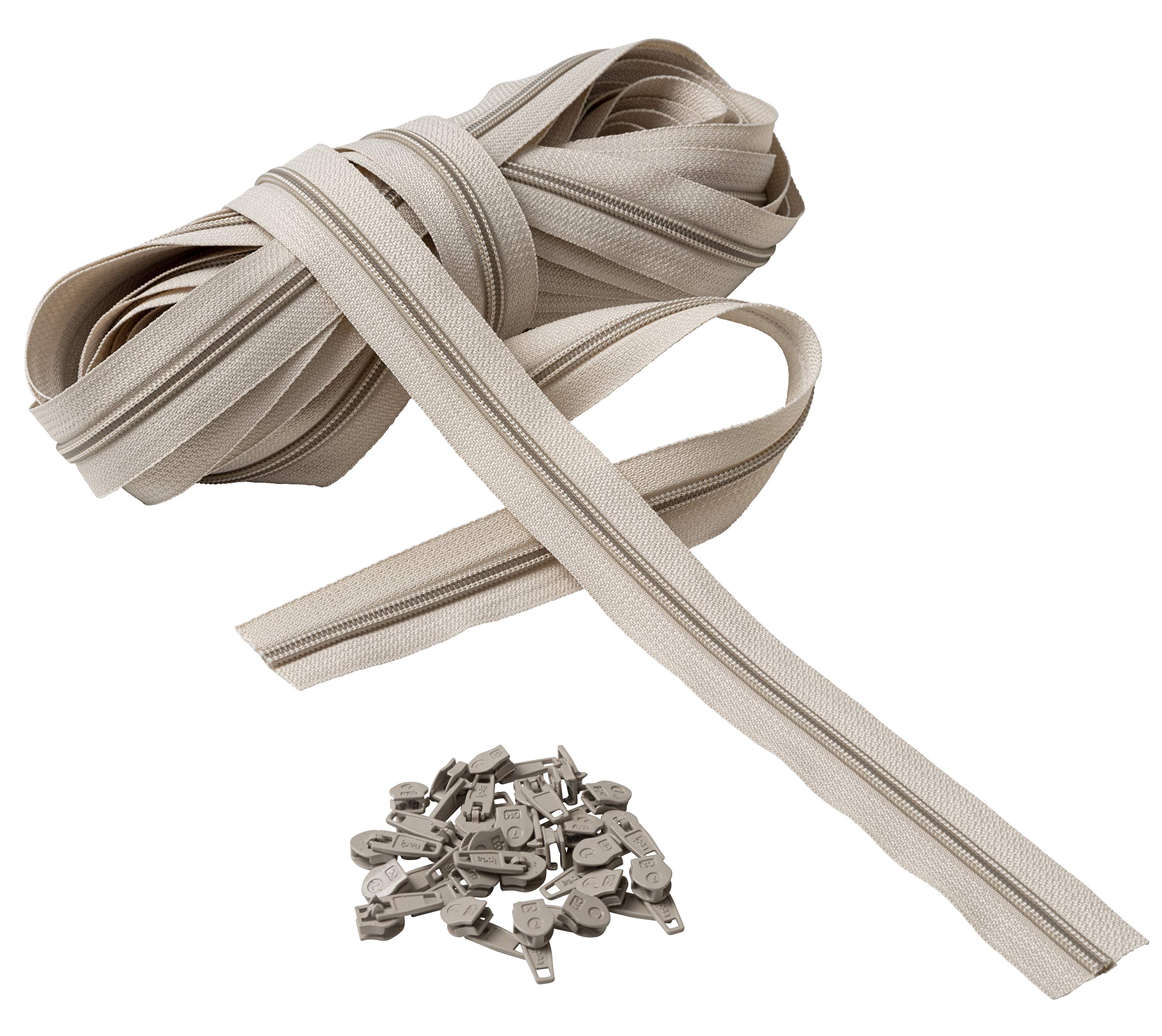 IPEA Zipper Size 5# Continuous Chain - 10 Metres - Nylon Zippers Per Metre + 25 Sliders Included - Zip - Cuttable for Sewing, 3 Colours to Choose, Beige, Width 30mm