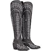 Celbreez Cowboy Boots for Women Thigh High Black Cowgirl Boots Wide Calf Embroidered Knee High Western Boot Pointed Toe Chunky Heel Side Zip Over The Knee Boot for Women