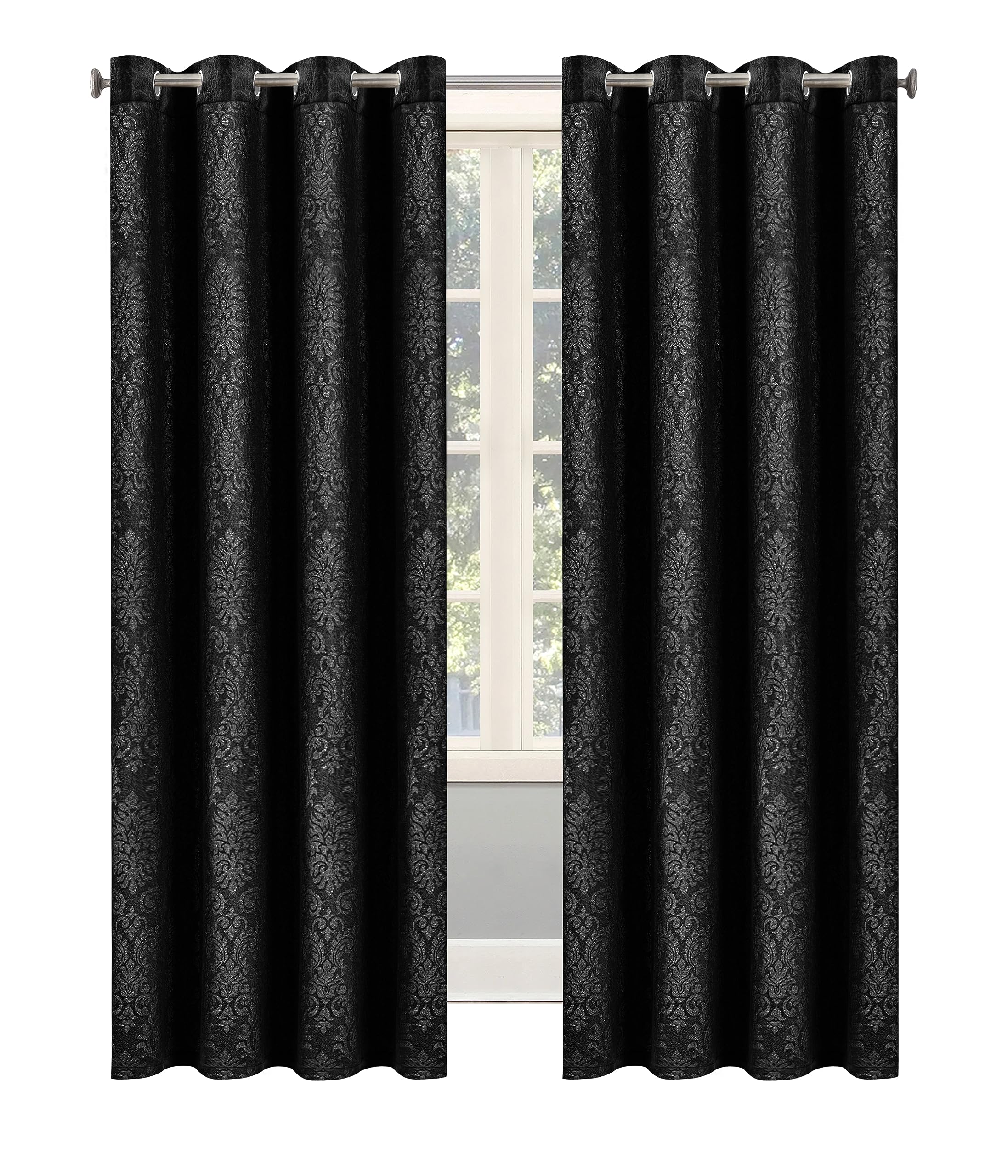 OpulentDreams Embossed Woven Thermal Curtains - Room Darkening Ring-Top Curtains for Bedroom & Living Room - Includes Tie Backs - Pair of Panels (Black - Eyelet, 46" x 54" (116 x 137cm))