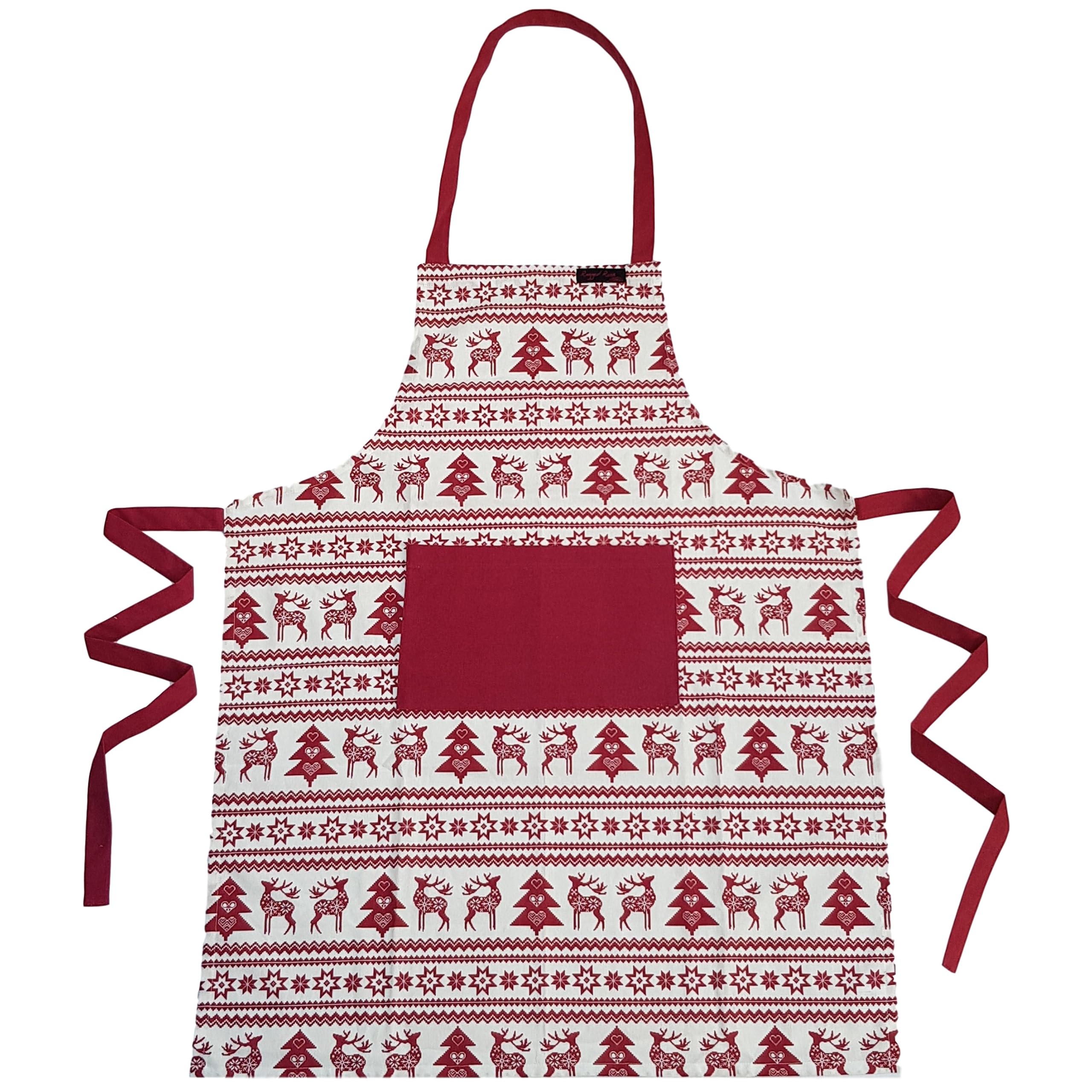 Ragged Rose Christmas Apron - Cotton Apron for Cooking & Dishwashing with Neck Strap, Large Front Pocket, & Long Ties - Kitchen Gifts for Women & Men Nordic Christmas Red Apron - 85 cm x 68 cm — image 1