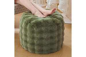 LIFEREVO Faux Rabbit Fur Round Inflatable Pouf Ottoman, 20" X 16" Plush Fuzzy Waffle Bubble Floor Poufs Foot Rest for Living Room Bedroom, Furry Pouf Foot Stool Home Decor, Anti-Slip, Sage Green