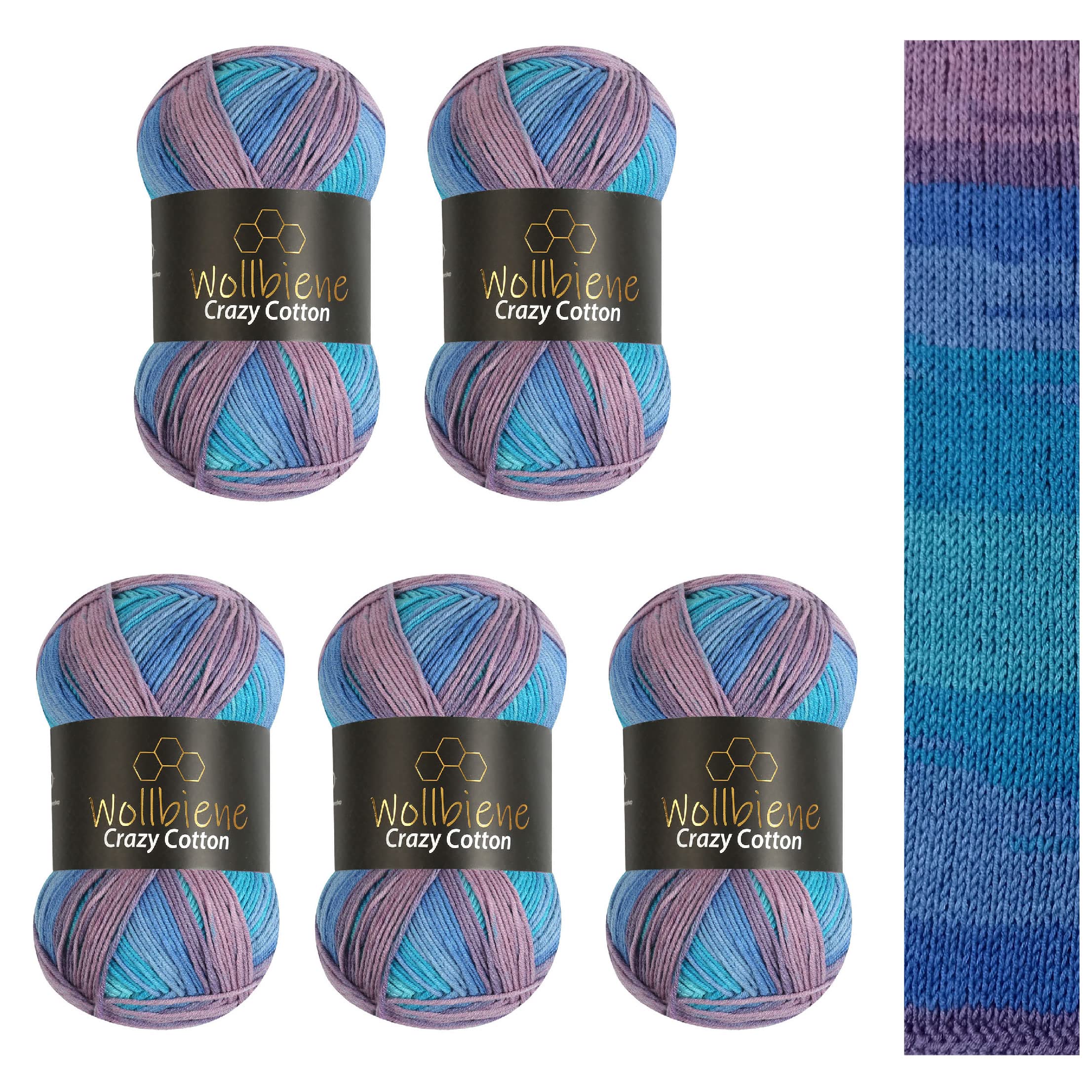 5 x 100 g Wollbiene Crazy Cotton Batik, 500 g with Colour Gradient, 55% Cotton, Multicoloured Knitting Wool, Crochet Wool, Wool, All-Year Wool (6020 Blue Lilac Turquoise)