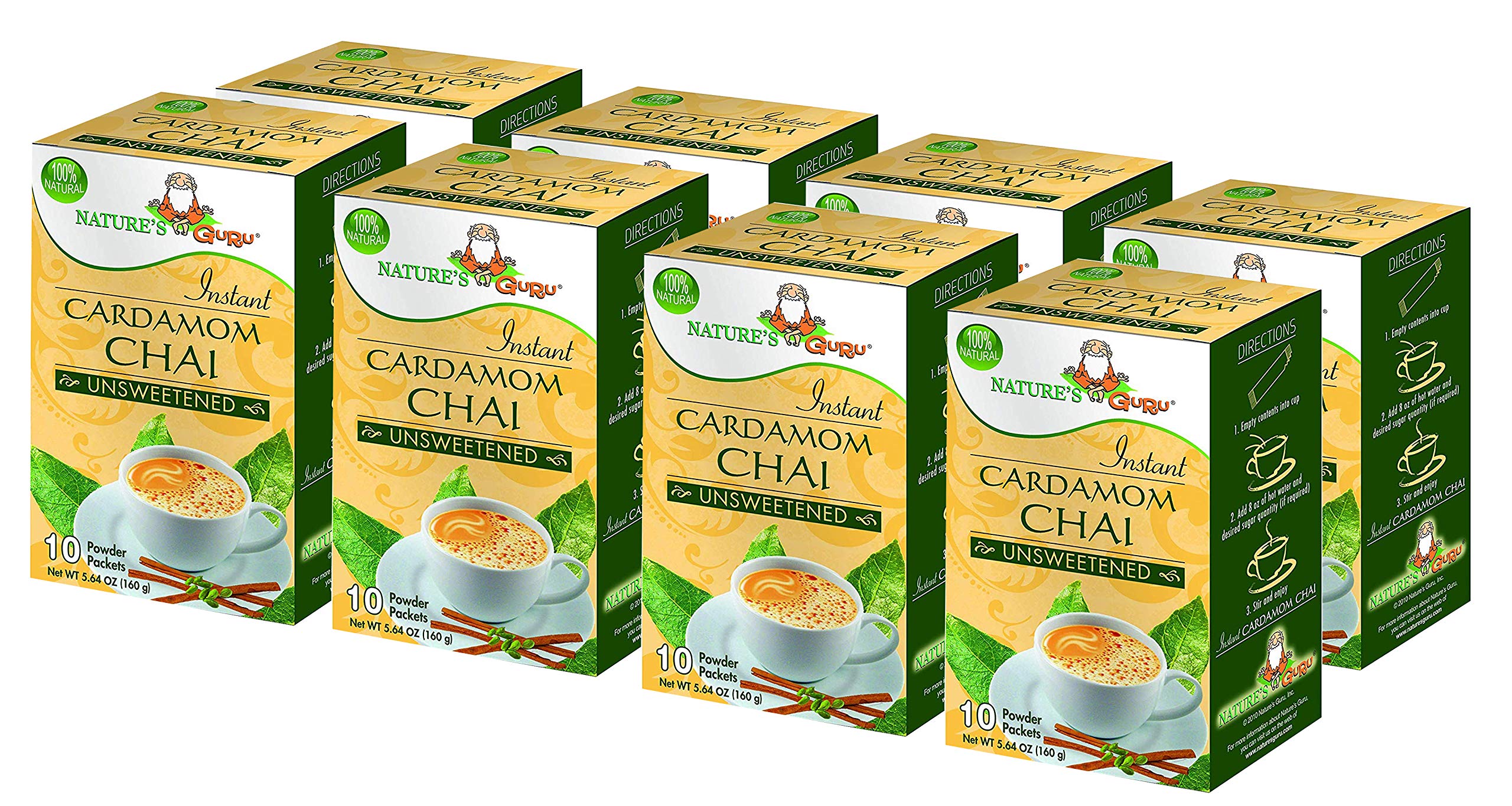 Nature's Guru Instant Cardamom Chai Tea Drink Mix, Unsweetened, 10 Count Single Serve OntheGo