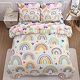 Btargot 5 Piece Beige Rainbow Comforter Set for Girls Boys Kids, Full Size Cartoon Love Hearts Flowers and Sun Star Bedding Set, Bed in a Bag with Comforter, Sheets and Pillowcases