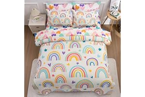 Btargot 5 Piece Beige Rainbow Comforter Set for Girls Boys Kids, Twin Size Cartoon Love Hearts Flowers and Sun Star Bedding Set, Bed in a Bag with Comforter, Sheets and Pillowcases