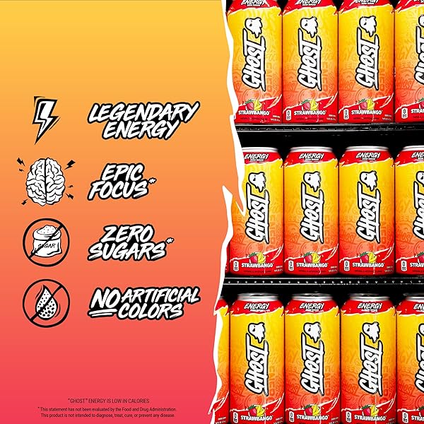 GHOST ENERGY DRINK – 12-PACK, STRAWBANGO, 16OZ – ENERGY & FOCUS & NO ARTIFICIAL COLORS – 200MG OF NATURAL CAFFEINE, L-CARNITINE & TAURINE – GLUTEN-FREE & VEGAN