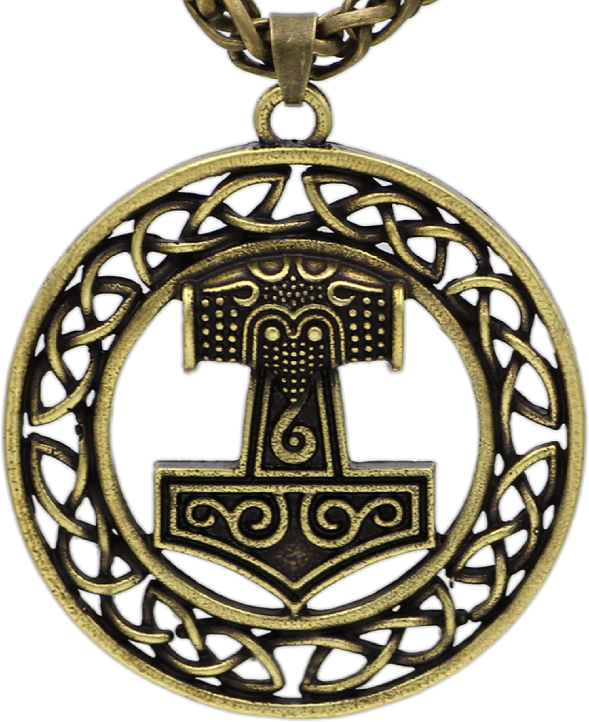 Unique Circle Skane Head Viking Pendant Antique Bronze Metal Chain Odin Wolf Thor`sHammer Knot Necklace Raven Mjolnir Pendant Necklace Ladies Men Norse Celtic Nordic Rune Talisman Saxon