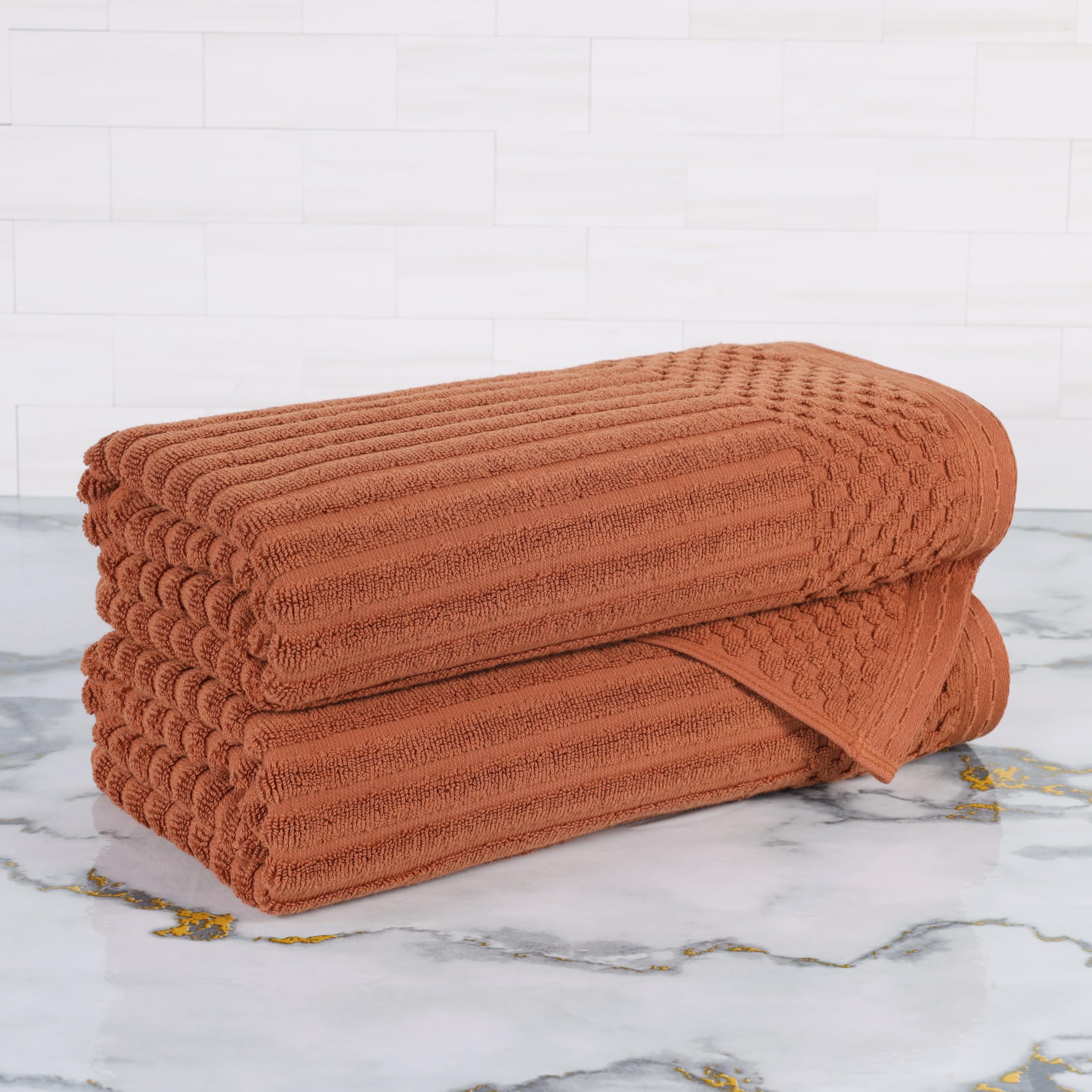 Superior Cotton Bath Towel Set of 2, Daily Use for Bathroom, Guest Bath, Quick Dry, Spa, Resort Towels, Ribbed, Absorbent, Home Essentials, 2-Piece Bath Towels, Soho Collection, Rust