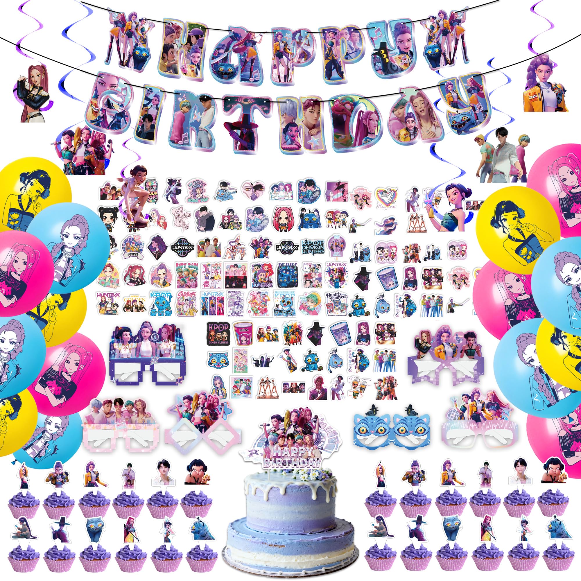 Photo 1 of  Birthday Decorations Set,Party Supplies Set Include Banner,Backdrop,Balloons,Hanging Swirls,Cake Cupcake Toppers,Sticker for Boys Girls Kids Theme Party