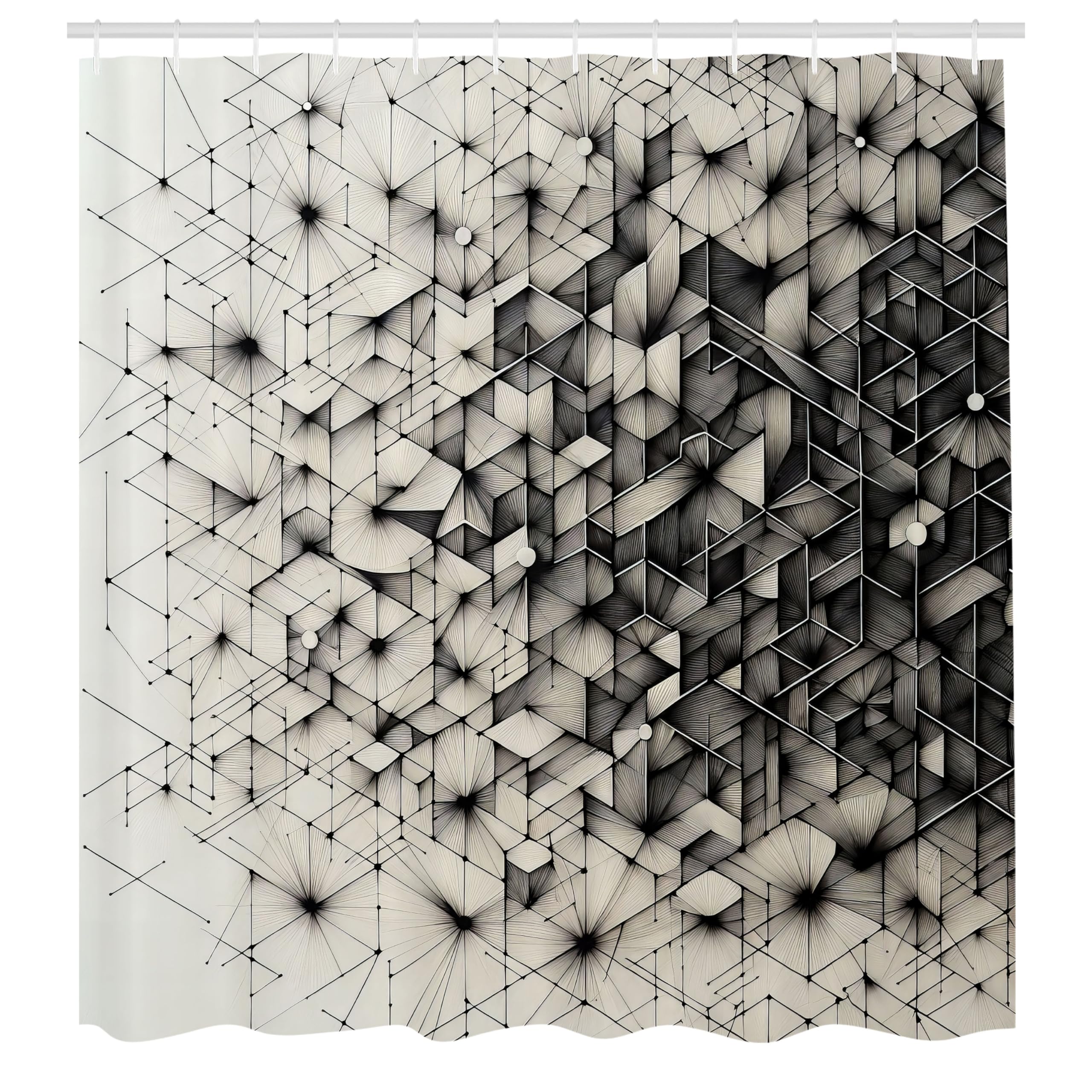 ABAKUHAUS Black and White Shower Curtain, Mosaic Geometric, Cloth Fabric Bathroom Decor Set with Hooks, 175 x 200 cm, Eggshell Anthracite Grey