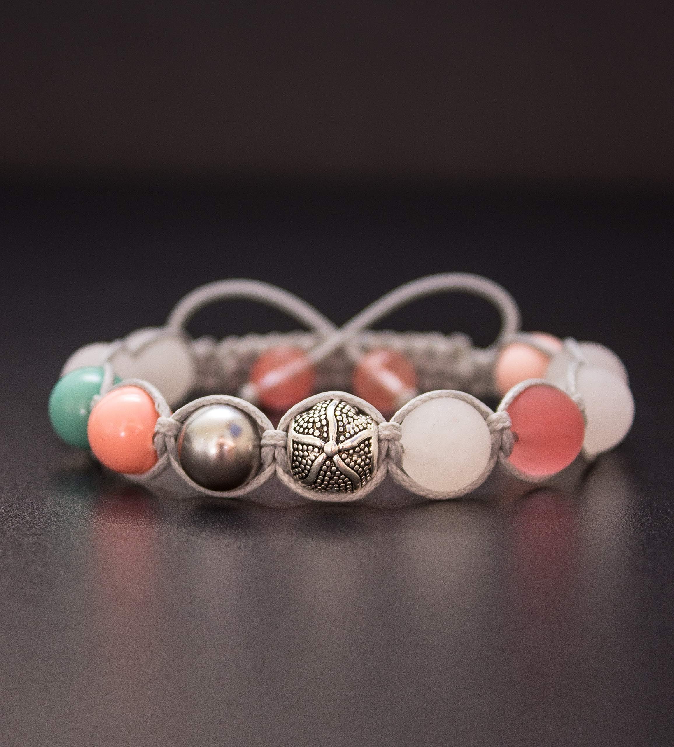 Starfish Women's Gemstone Beaded Bracelet Crux Crystals, Wrap Bracelet Natural Stone Macrame, White Matte Jade & Cherry Quartz Boho Stack Crux Crystals