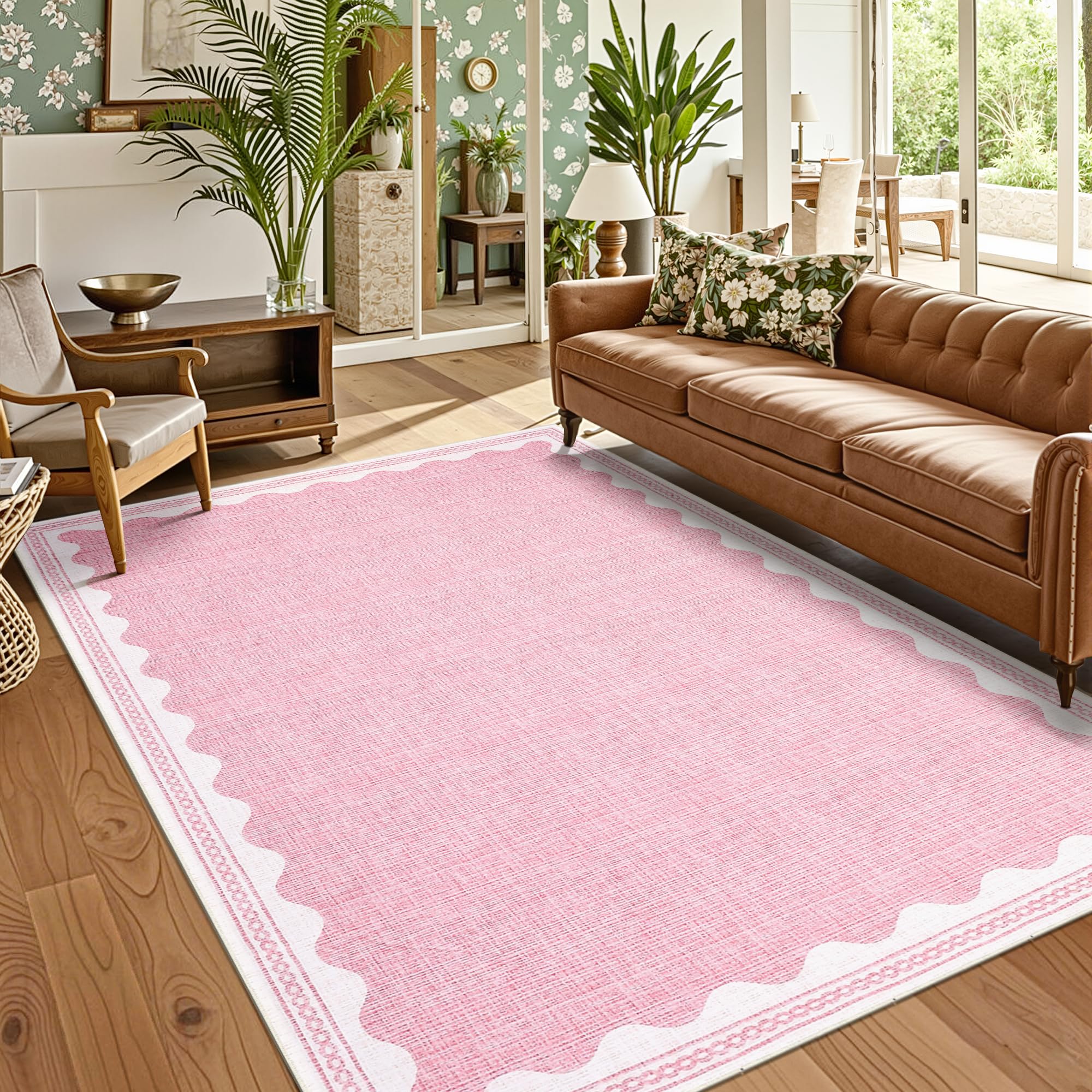 Photo 1 of GarveeHome Washable Rugs 5x7 Area Rug for Living Room, Scalloped 5 x 7 Rug Solid Pink Modern Minimalism Low-Pile Carpet for Bedroom Dining Nursery Non Slip Mat with Rubber Back