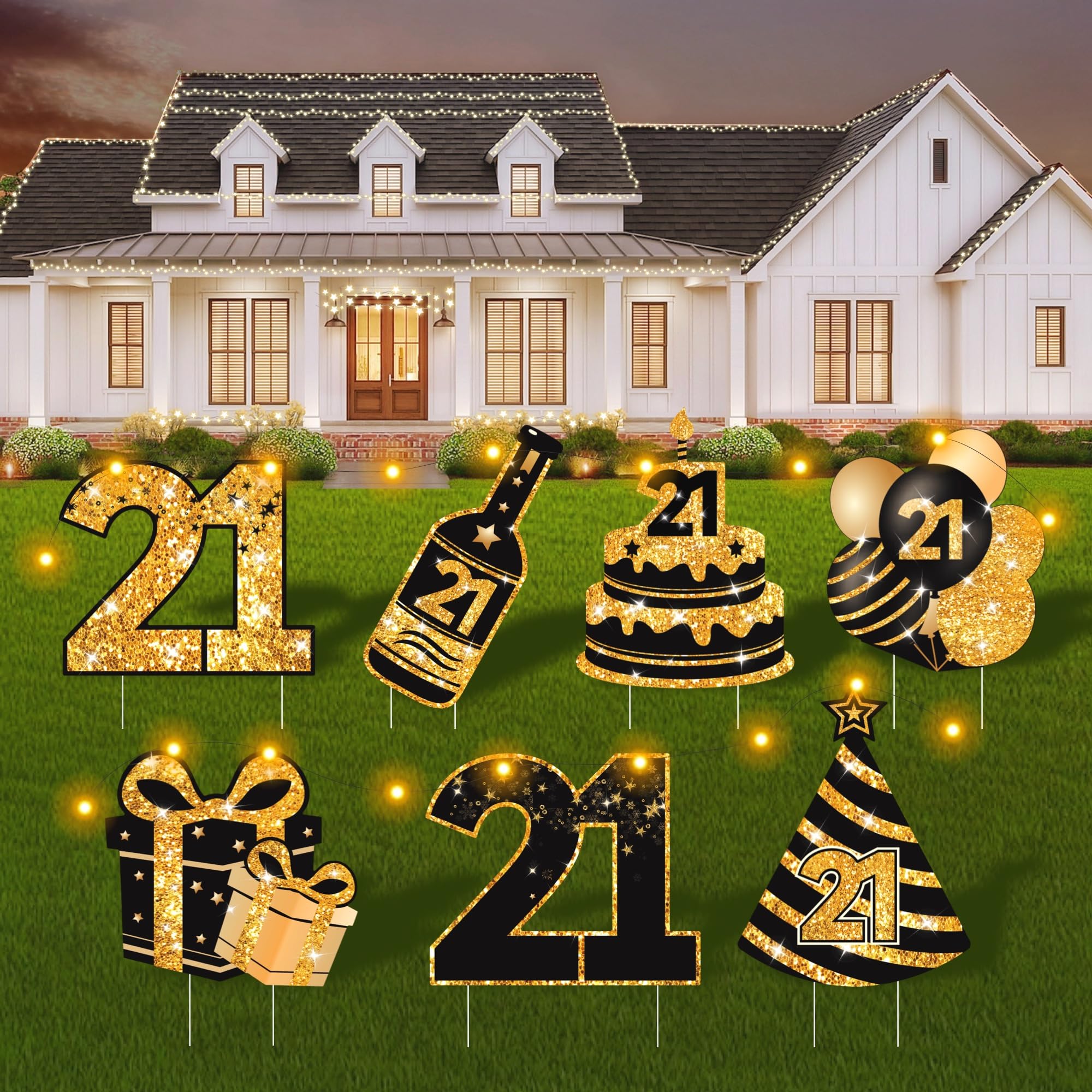 Photo 1 of 21st Birthday Decorations for Him & Her - 7 Pcs 21st Birthday Yard Signs with Stakes, LED Lights & Double-Sided Tape | Happy 21st Decor | Outdoor/Indoor Party Favors, Photo Props & Lawn Decorations