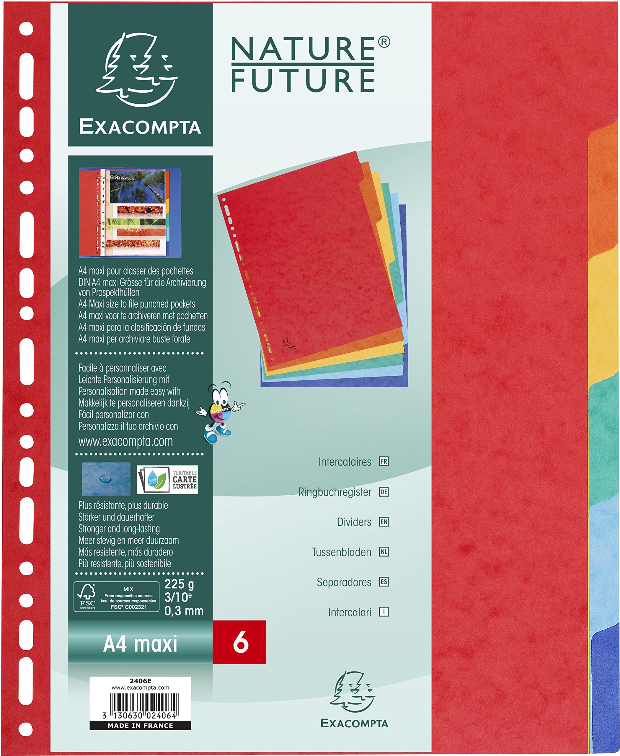 Exacompta - Ref 2406E - Nature Future Dividers - Suitable for A4+ Documents, Pre-Punched, 225gsm Genuine Pressboard, 6-Part Dividers, FSC-Certified - Multi-Coloured