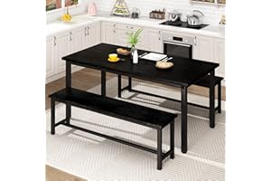 AWQM Dining Room Table Set, Kitchen Table Set with 2 Benches, Ideal for Home, Kitchen and Dining Room, Breakfast Table of 47.2x28.7x28.7 inches, Benches of 41.3x11.8x17.7 inches, Black