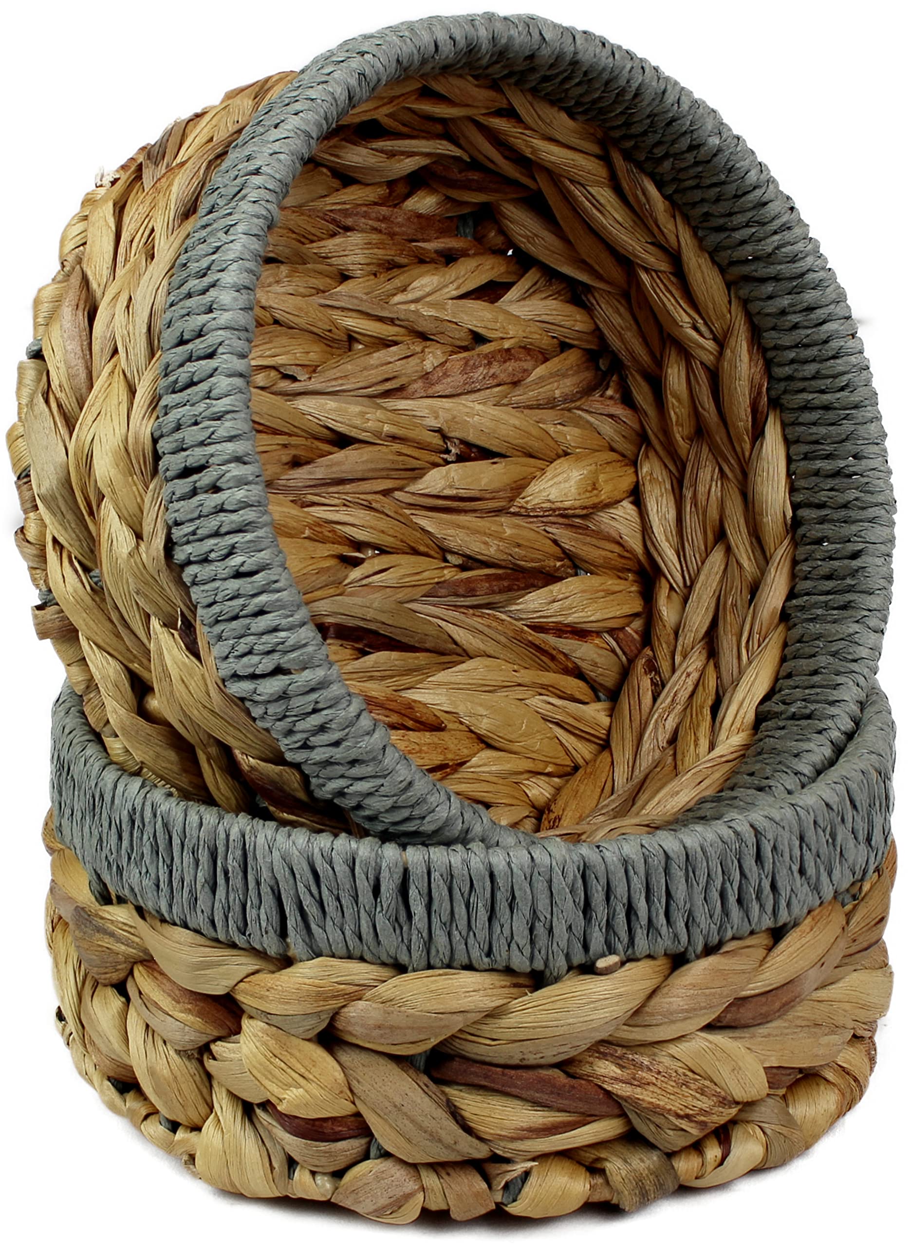 Small Water Hyacinth round baskets for storage Natural colour with grey edges shelves open. Decorative gift box Small bathroom mini tray makeup bathroom Kitchen organiser (Medium 18cm, 2 X Basket)
