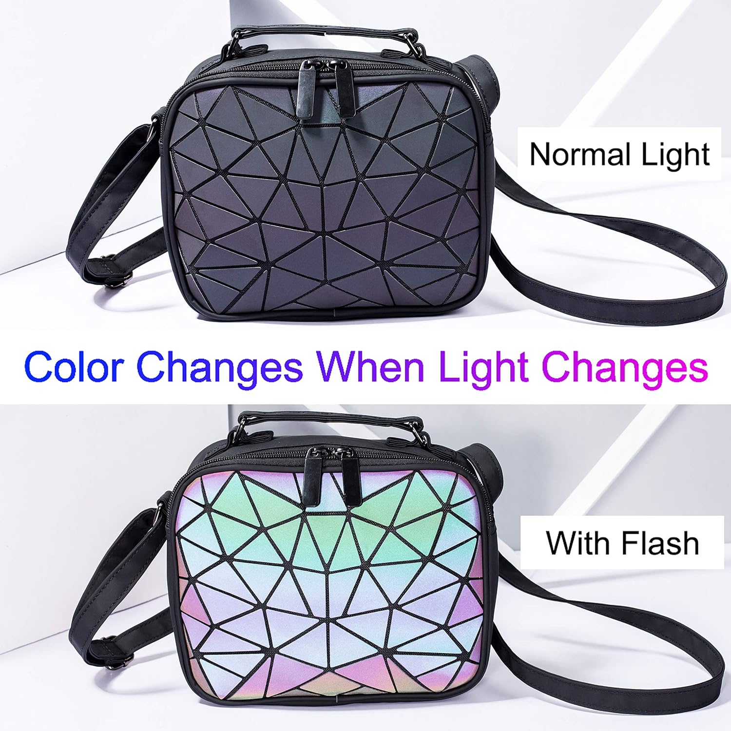 RANSUU Geometric Holographic Crossbody Purses and Handbags for Women Luminous Top-handle Bag Flash Reflective Messenger Clutch Bag Hologram Shoulder Bag with Shard Lattice Design - Image 3