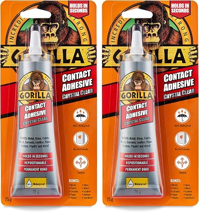 Gorilla Contact Adhesive 75g 2 Pack - Repositionable, Clear, Waterproof