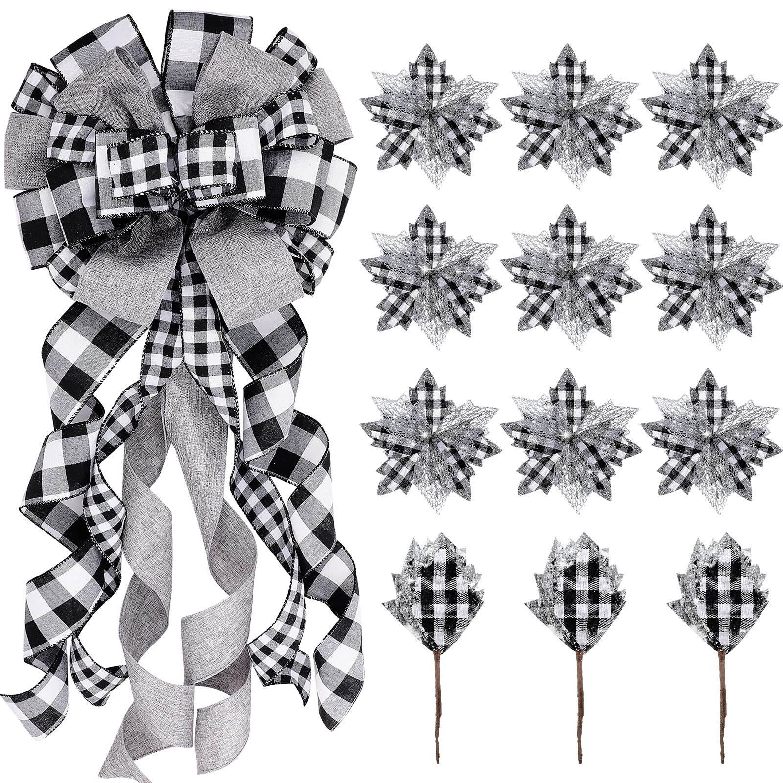 Syhood Black White Buffalo Plaid 34 Inch Christmas Tree Topper Decor Large Wreath Bow Ornament Giant Hanging Christmas Bows Decorations and Artificial Flowers for Xmas Home Front Door Decors