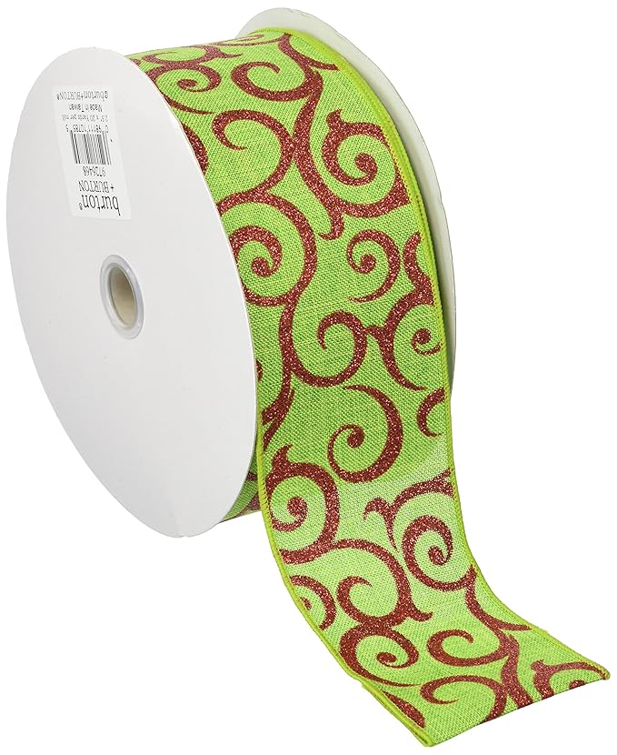 40 lime green ribbon with red glitter swirls and sewn wired edge. 2 1/
