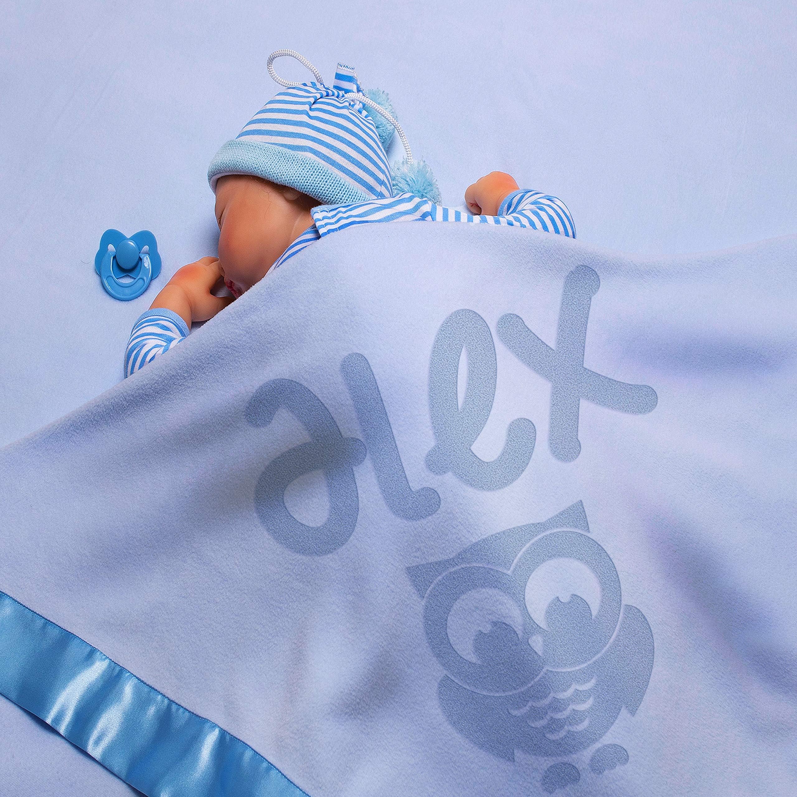 Personalized Baby Blankets w/Name - Large Baby Receiving Blanket - 36x36 in | Satin Trim, Fleece | Blue - Baby Boy Gifts, Baby Shower Gift, Baby Stuff, Welcome Baby Gifts for Newborns | Owl