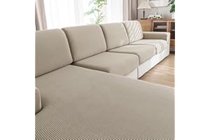 QIANMEW Couch Cushion Covers, Comfort Soft Magic Sofa Covers Washable Stretch Resistant Slipcovers for Sectional and L Shaped Seats Furniture Protectors for Pets (3 Seaters+1 Chaise, Light Brown)