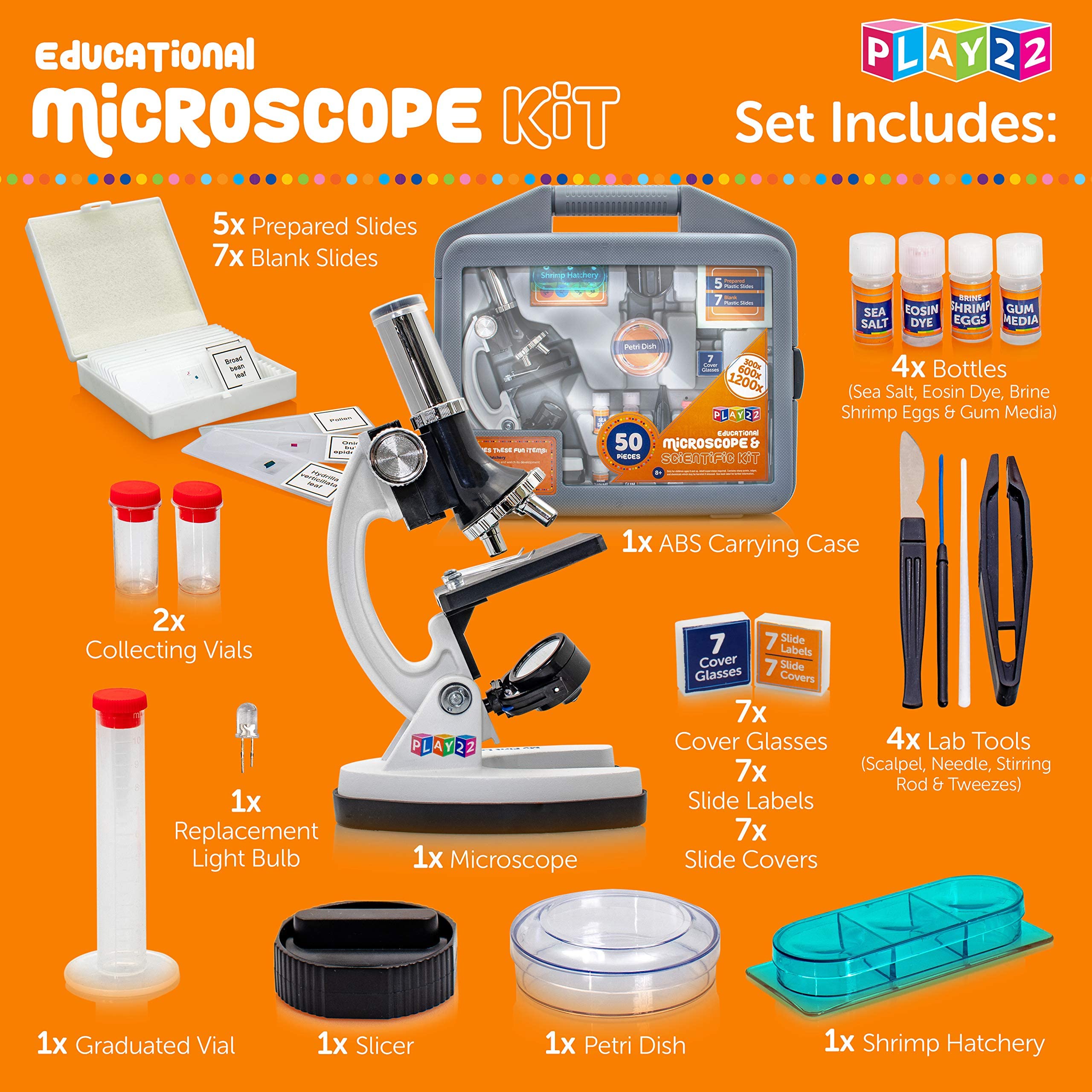 Play22 Kids Microscope Kit 50 PCS - Science Kit for Kids 120X-1200X Microscope Slides, Metal Body Microscope, Carrying Box, Science Experiments Lab Toy Gifts