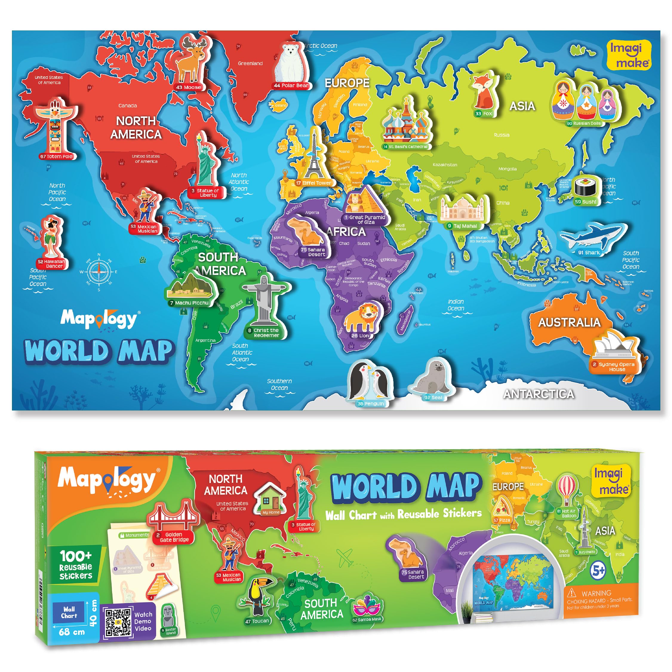 Imagimake Mapology World Map with Reusable Stickers | Geography Game for Kids Ages 5-8 | Learning Toys | Activities for Kids Ages 8-12 | Stem Toys | Gifts for Girls & Boys Age 5,6,7,8,9,10,11,12 Image