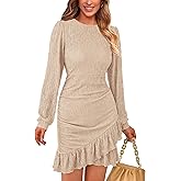 PRETTYGARDEN Women's Spring Fall Ruched Bodycon Mini Dress Long Puff Sleeve Ruffle Fitted Cocktail Party Dresses