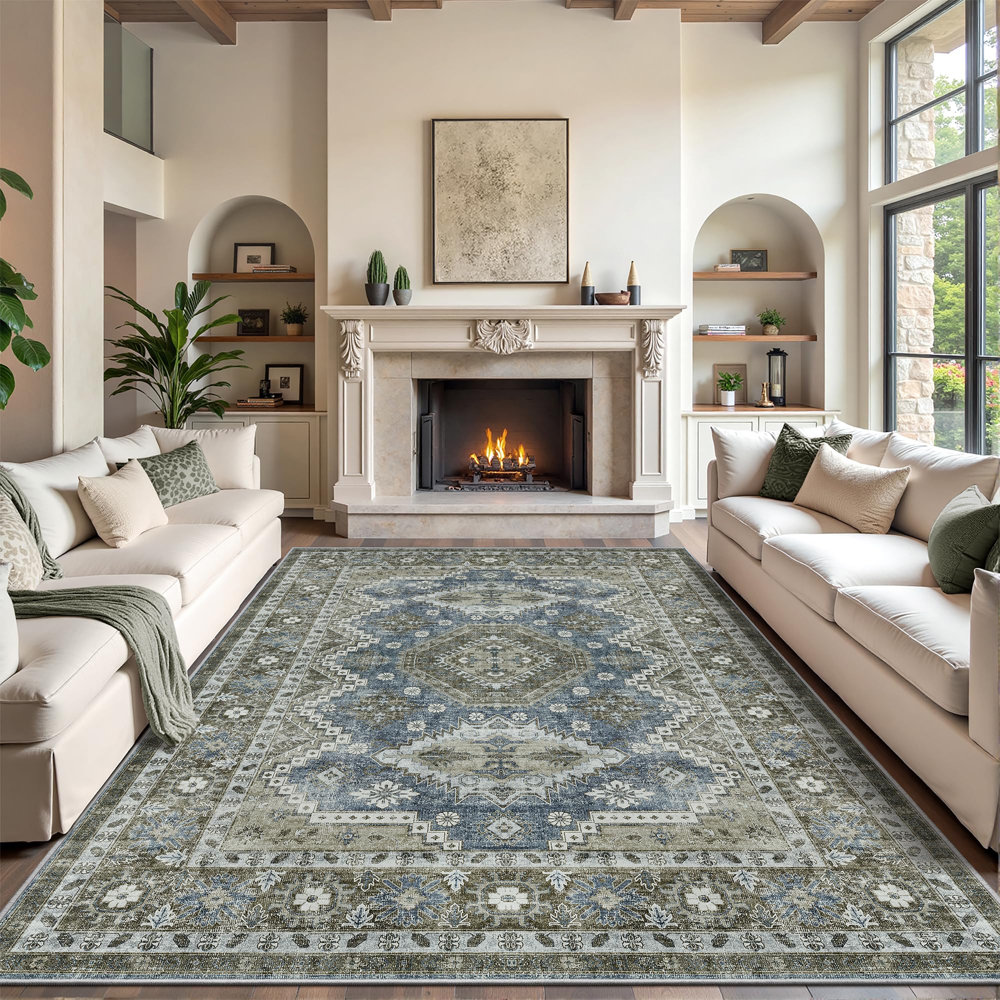 Photo 1 of Rugland 8x10 Area Rugs - Stain Resistant Washable Rug, Anti Slip Backing Rugs for Living Room, Vintage Tribal Area Rugs(TPR07-Green, 8'x10')