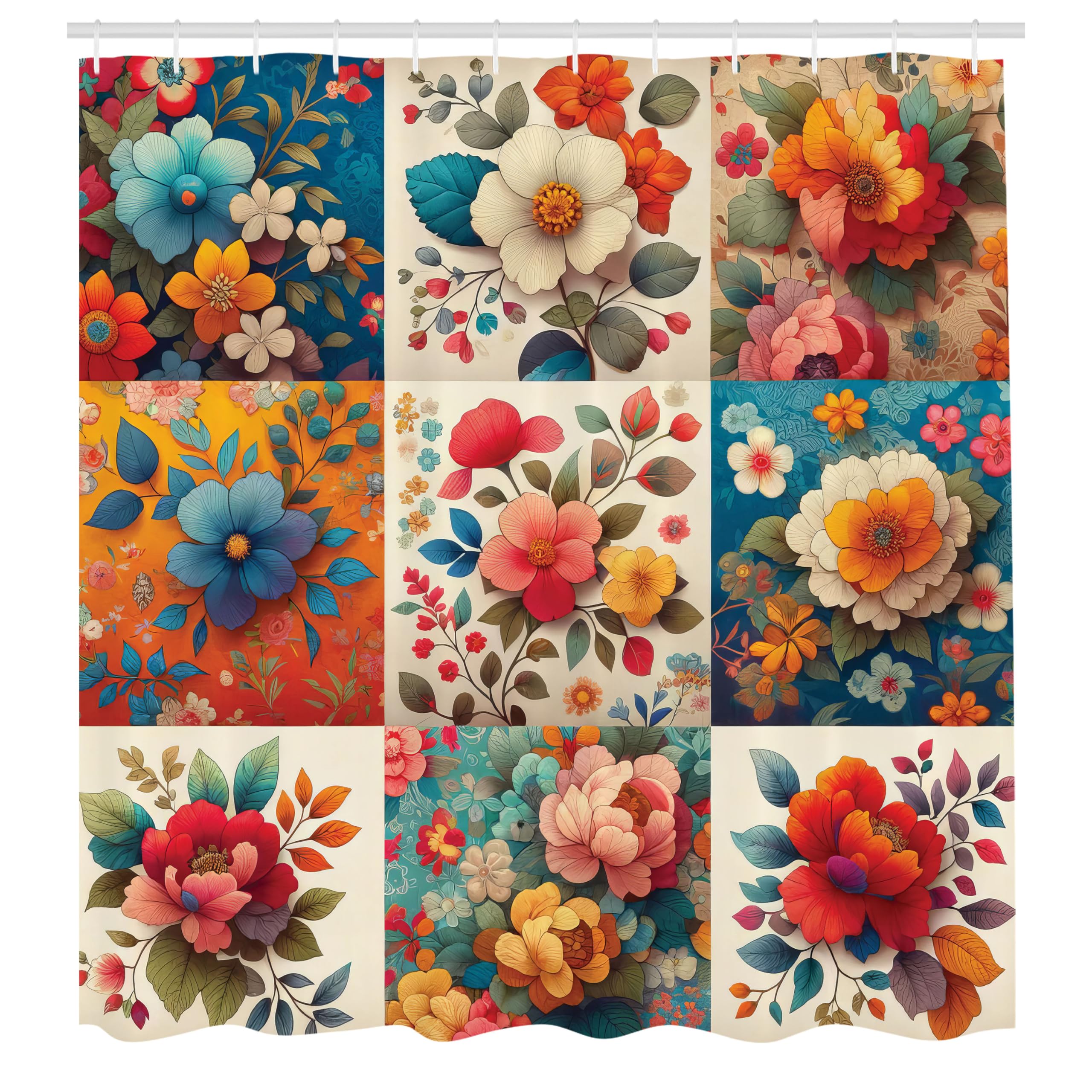 ABAKUHAUS Floral Shower Curtain, Multicolor Flowering Squares, Cloth Fabric Bathroom Decor Set with Hooks, 175 x 200 cm, Orange Dark Turquoise
