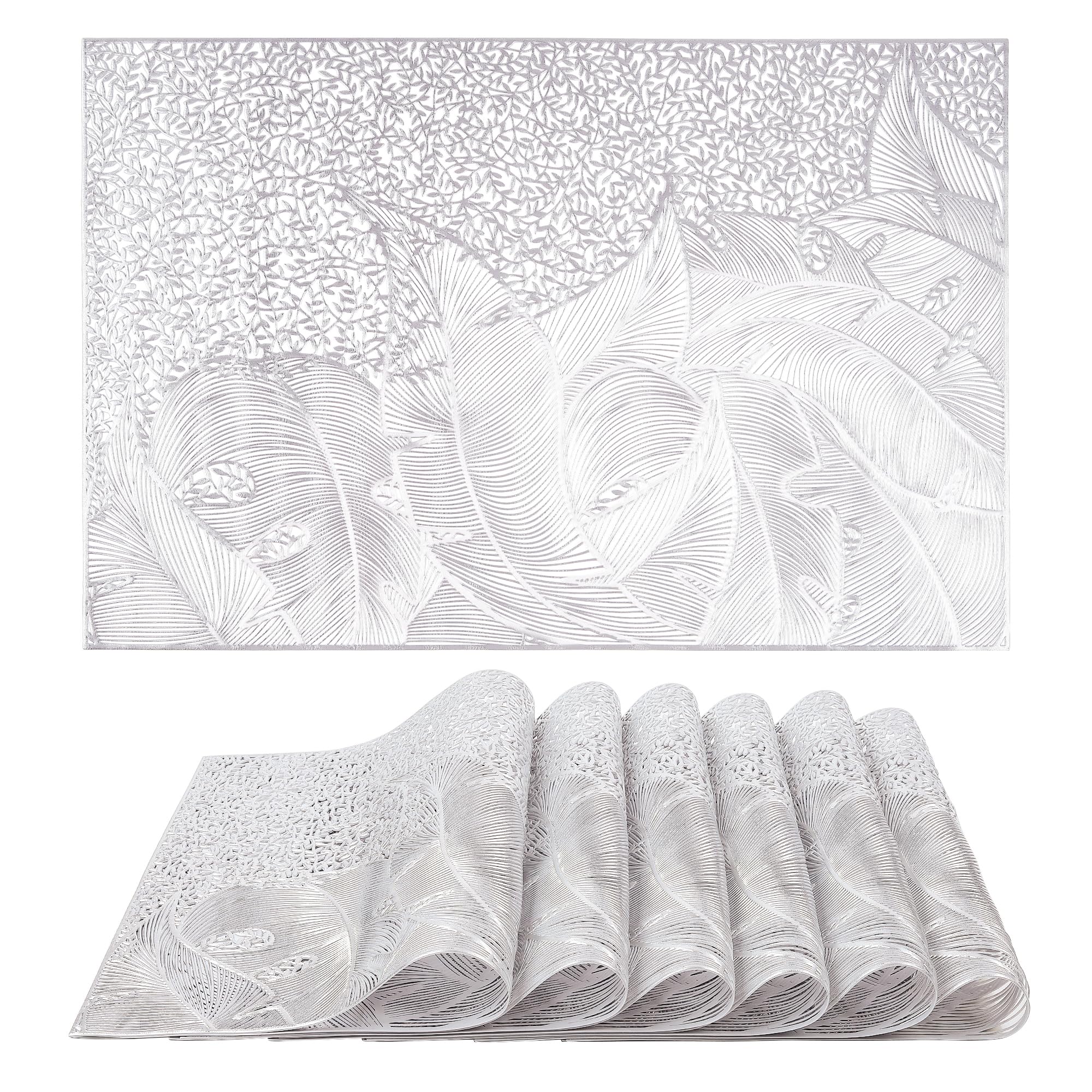 fanquare Leaf Placemats Set of 6 Heat Resistant PVC Place Mats Silver Placemats Washable Non-Slip Large Rectangle Table Mats for Home Dining 45 * 30CM