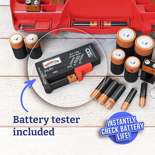BATTERY ORGANIZER STORAGE CASE WITH TESTER, HOLDS 180 BATTERIES, CLEAR HINGED COVER, LOCKING LID – FOR AA, AAA, C, D AND MORE, RED