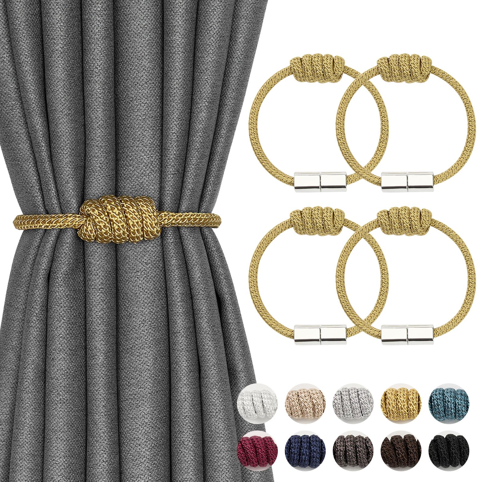 Pretty Jolly 4 Pack Mini Magnetic Curtain Tiebacks Modern Simple Style Drape Tie Backs Elegant Hand Weave Rope Knot Decorative Curtain Holdbacks for Home & Office Window Drapery (Gold)