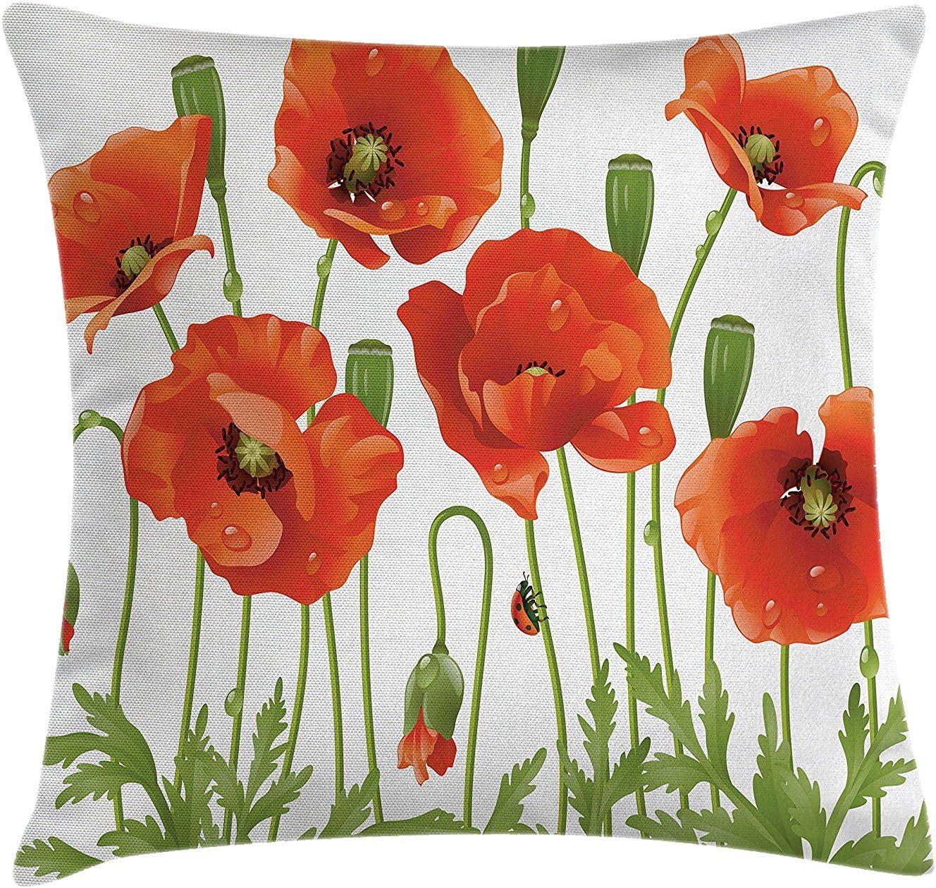 DIYCCY Poppy Decor Throw Pillow Cushion Cover Spring Wild Flower Poppy Ladybug Leaf Springtime Garden Backyard Decorative Square Accent Pillow Case 18 X 18 Inches