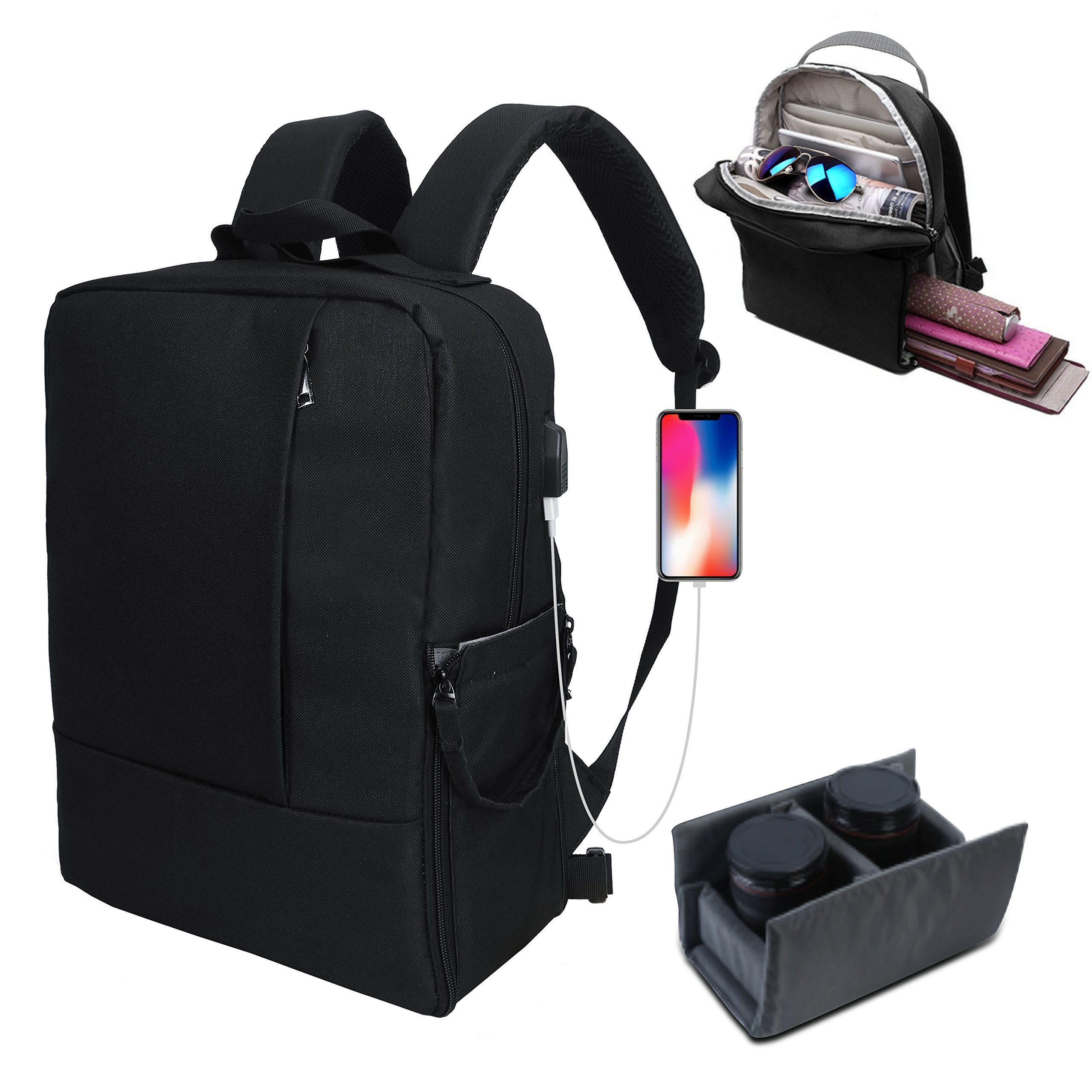 Fashion Camera Backpack Multifunctional Waterproof Anti-Shock SLR/DSLR Camera Bag with Customizable Dividers & USB Charging Port Lightweight Travel Outdoor Laptop Bag - Black