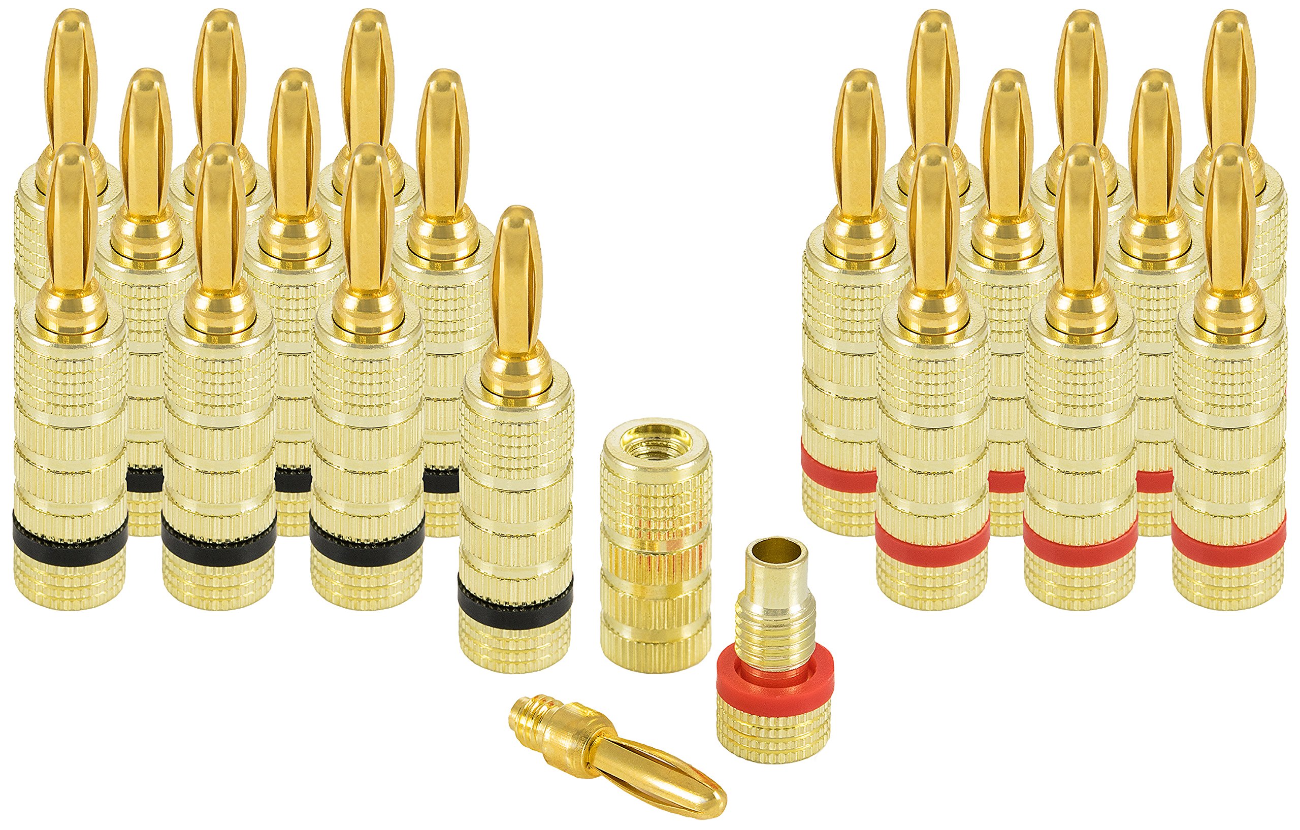Poppstar 20x High End Banana Plug (3-piece plug), Bananas for speaker cables (up to 4 mm²), 24k gold plated (10x black, 10x red)