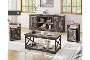 AMERLIFE 4-Piece Farmhouse Table Set Includes Sliding Barn Door TV Stand, Coffee Table& Two End Tables, Side Table with Charging Station and USB Ports, for Living Room, Dark Oak, 66"